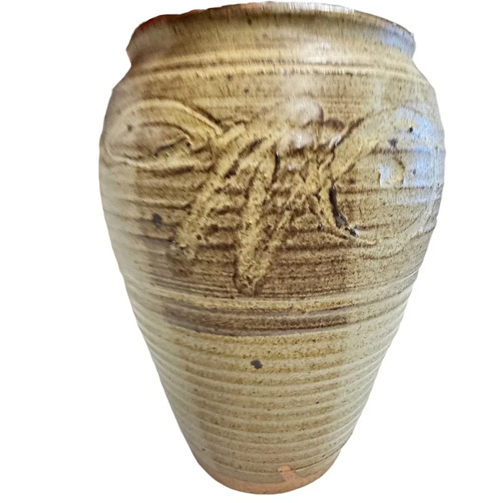 Vintage Studio Pottery Stoneware Vase Hand Carved Ribbed Earth Tones Signed 11in